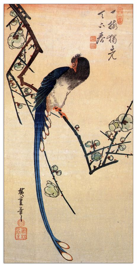 Hiroshige Utagawa  - Blue bird on a plumtree, Decorative MDF Panel (50x100cm)