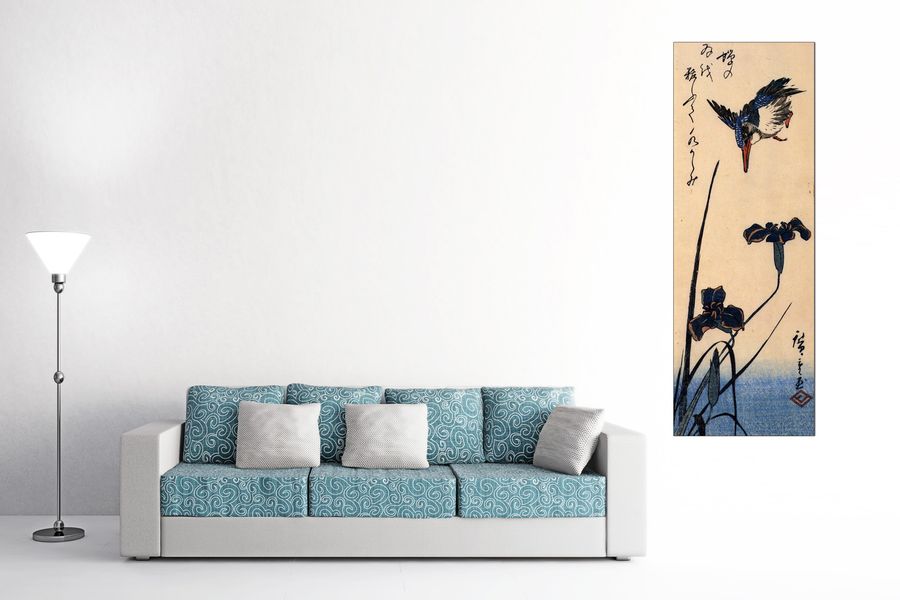 Hiroshige Utagawa  - Kingfisher and lilies, Decorative MDF Panel (50x100cm)