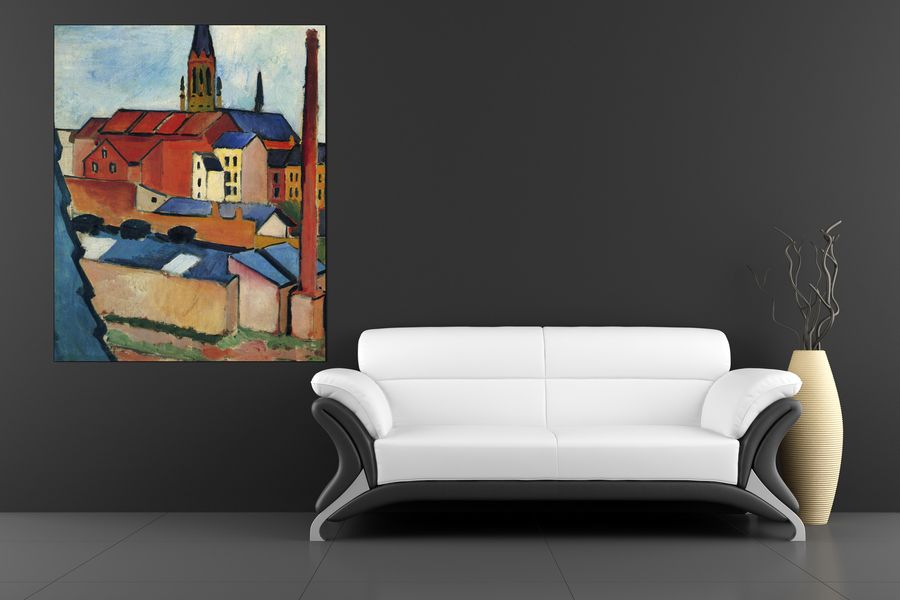 Macke August - St. Mary's Church with houses and chimney, Decorative MDF Panel (90x120cm)