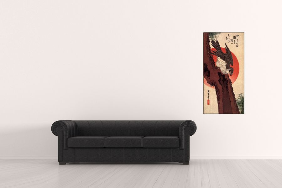 Hiroshige Utagawa  - Falcon on a pine with rising sun, Decorative MDF Panel (50x100cm)