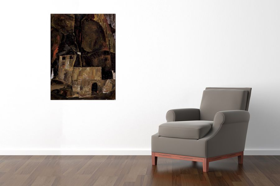 Schiele Egon  - Wall and house and terrain with fence, Decorative MDF Panel (90x120cm)