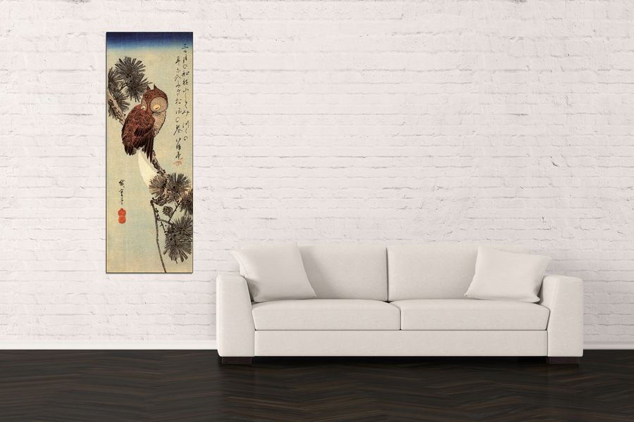 Hiroshige Utagawa  - Small brown Owl on a Pine branch , Decorative MDF Panel (50x140cm)