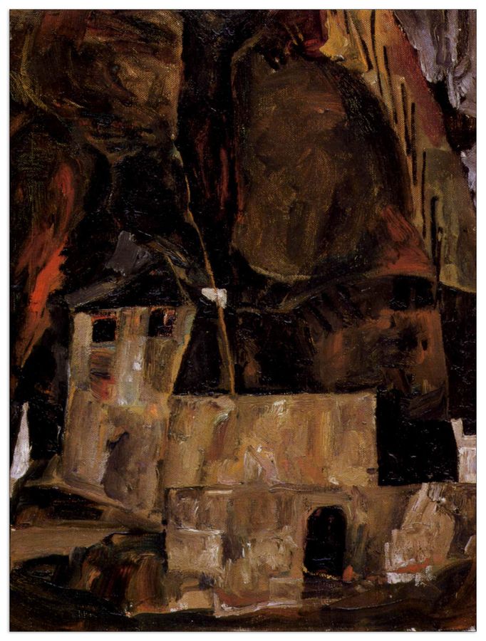 Schiele Egon  - Wall and house and terrain with fence, Decorative MDF Panel (90x120cm)