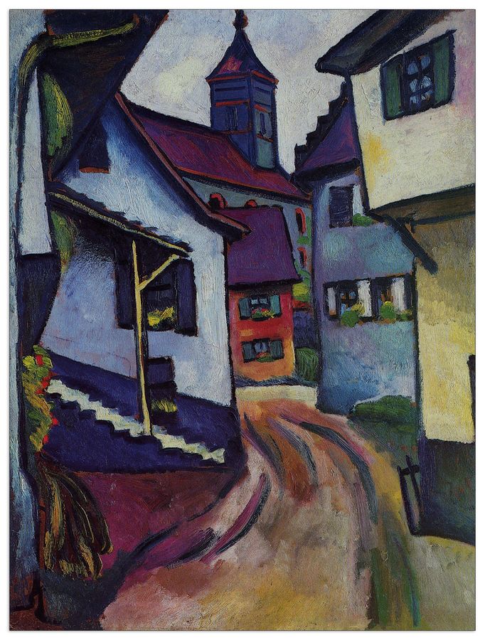 Macke August - Street with a church in Kandern , Decorative MDF Panel (90x120cm)