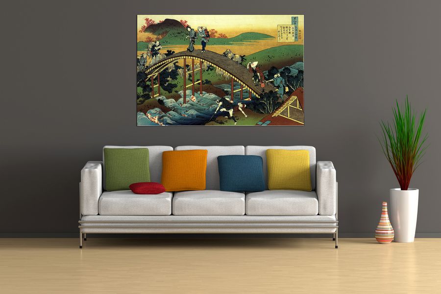 Hokusai Katsushika  - Travellers on the bridge near the waterfall of Ono, Decorative MDF Panel (135x90cm)