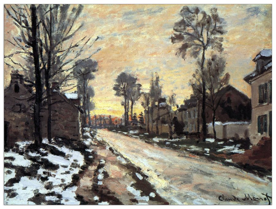 Monet Claude - Road to Louveciennes, melting snow children, sunset , Decorative MDF Panel (80x60cm)