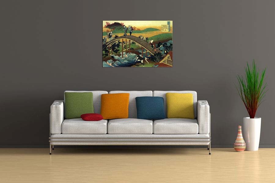 Hokusai Katsushika  - Travellers on the bridge near the waterfall of Ono, Decorative MDF Panel (90x60cm)