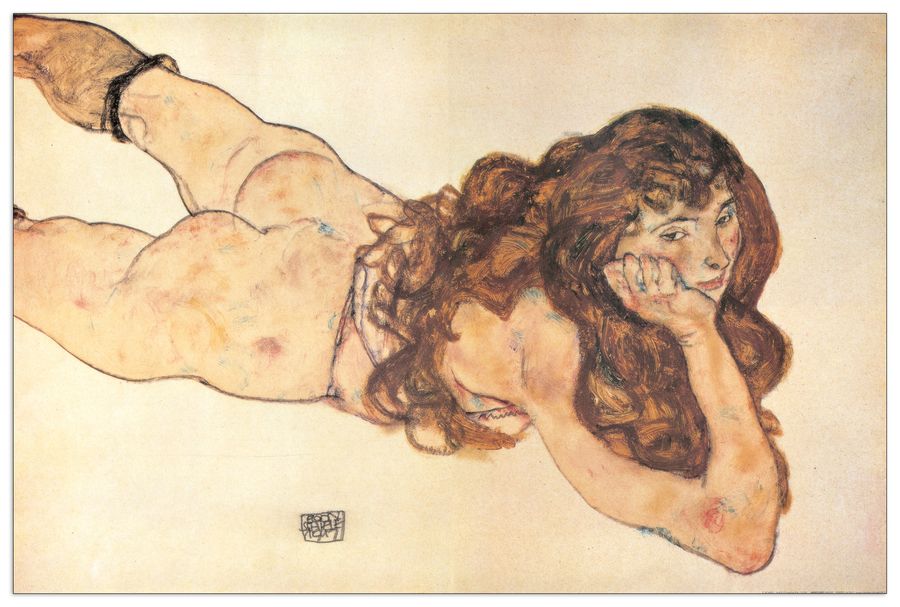 Schiele - Am Bauch Liegender Weiblicher Akt 1917, Decorative MDF Panel (100x66cm)