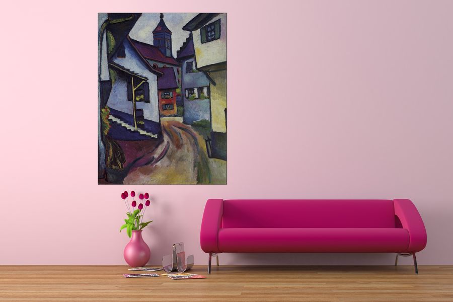 Macke August - Street with a church in Kandern , Decorative MDF Panel (90x120cm)