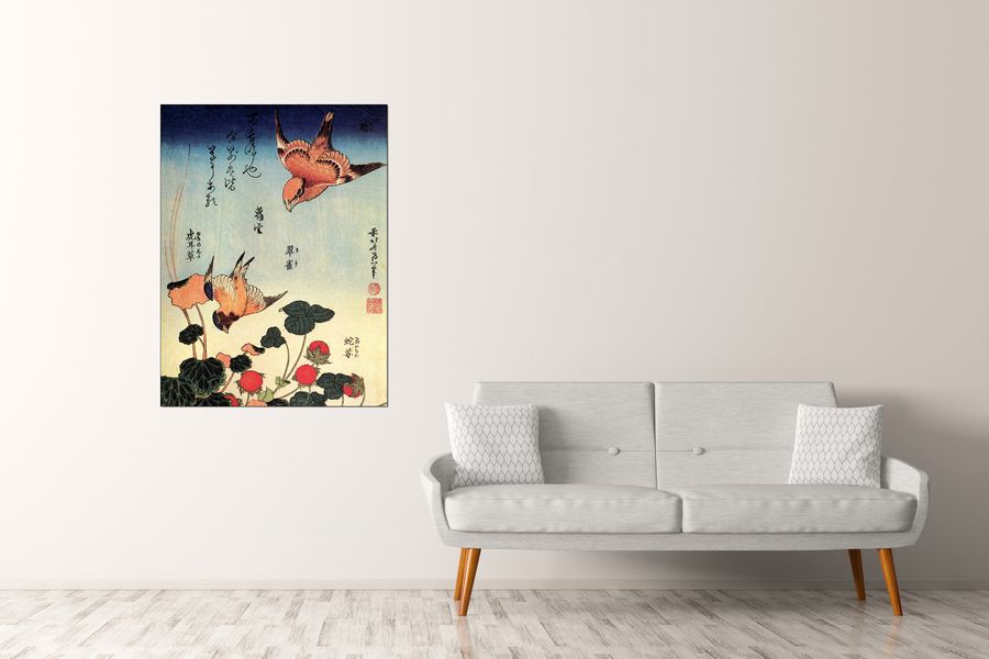 Hokusai Katsushika  - Wild strawberries and birds, Decorative MDF Panel (120x90cm)