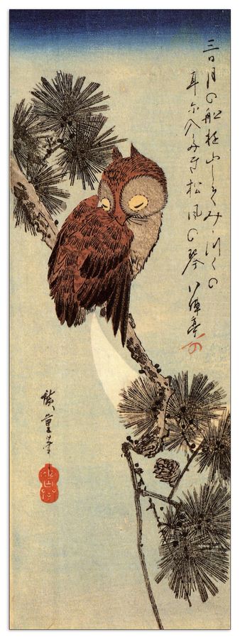 Hiroshige Utagawa  - Small brown Owl on a Pine branch , Decorative MDF Panel (50x140cm)