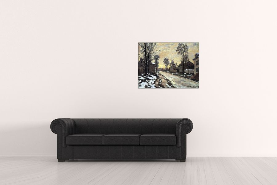 Monet Claude - Road to Louveciennes, melting snow children, sunset , Decorative MDF Panel (80x60cm)
